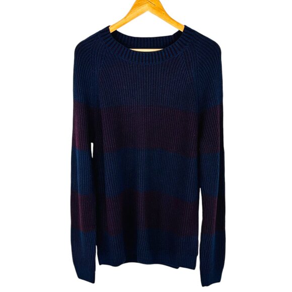 INC Men's Size L Crew Neck Plaited Striped Ribbed Knite Navy Red Sweater… - Picture 2 of 6